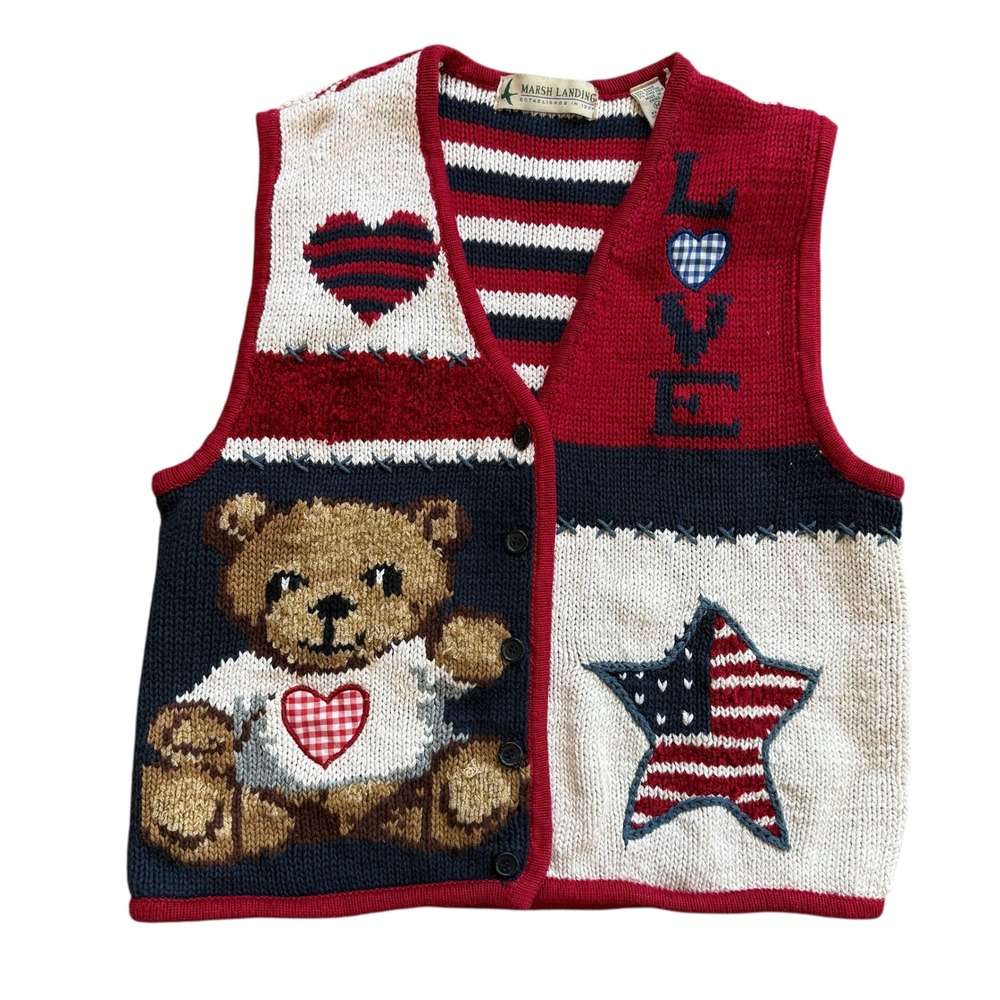Marsh Landing Vintage Teddy Bear Americana Knit Vest Red White Blue Medium